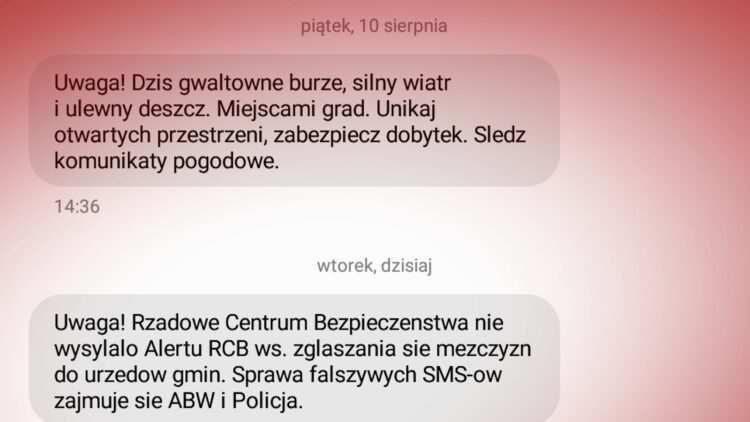 fałszywe wiadomości wysłane jako "Alert RCB"