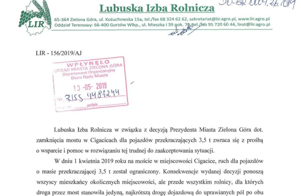 Izba Rolnicza interweniuje w sprawie mostu w Cigacicach Radio Zachód - Lubuskie