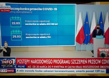 Transmisja konferencji szefa KPRM Michała Dworczyka (na ekranie) z KPRM w Warszawie, 18 bm. Spotkanie dotyczyło realizacji Narodowego Programu Szczepień. Fot. PAP