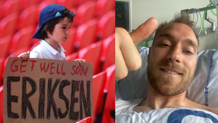 Po lewej: młody kibic trzyma znak poświęcony duńskiemu piłkarzowi Christianowi Eriksenowi podczas meczu grupy D między Anglią a Chorwacją w Londynie, 13 czerwca 2021 r. Fot. PAP/EPA/Catherine Ivill / POOL; Po prawej: Christian Eriksen / Instagram