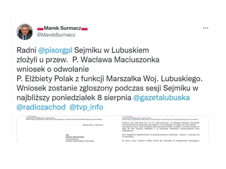 Radni Prawa i Sprawiedliwości złożyli wniosek o odwołanie marszałek Elżbiety Polak Radio Zachód - Lubuskie