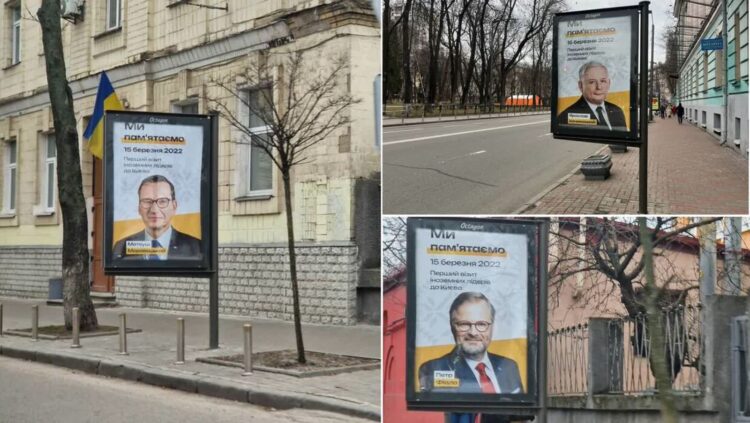 Plakaty w Kijowie: premier Mateusz Morawiecki, prezes PiS Jarosław Kaczyński, premier Czech Petr Fiala. Fot. PAP Jarosław Junko, Tatiana Artuszewska