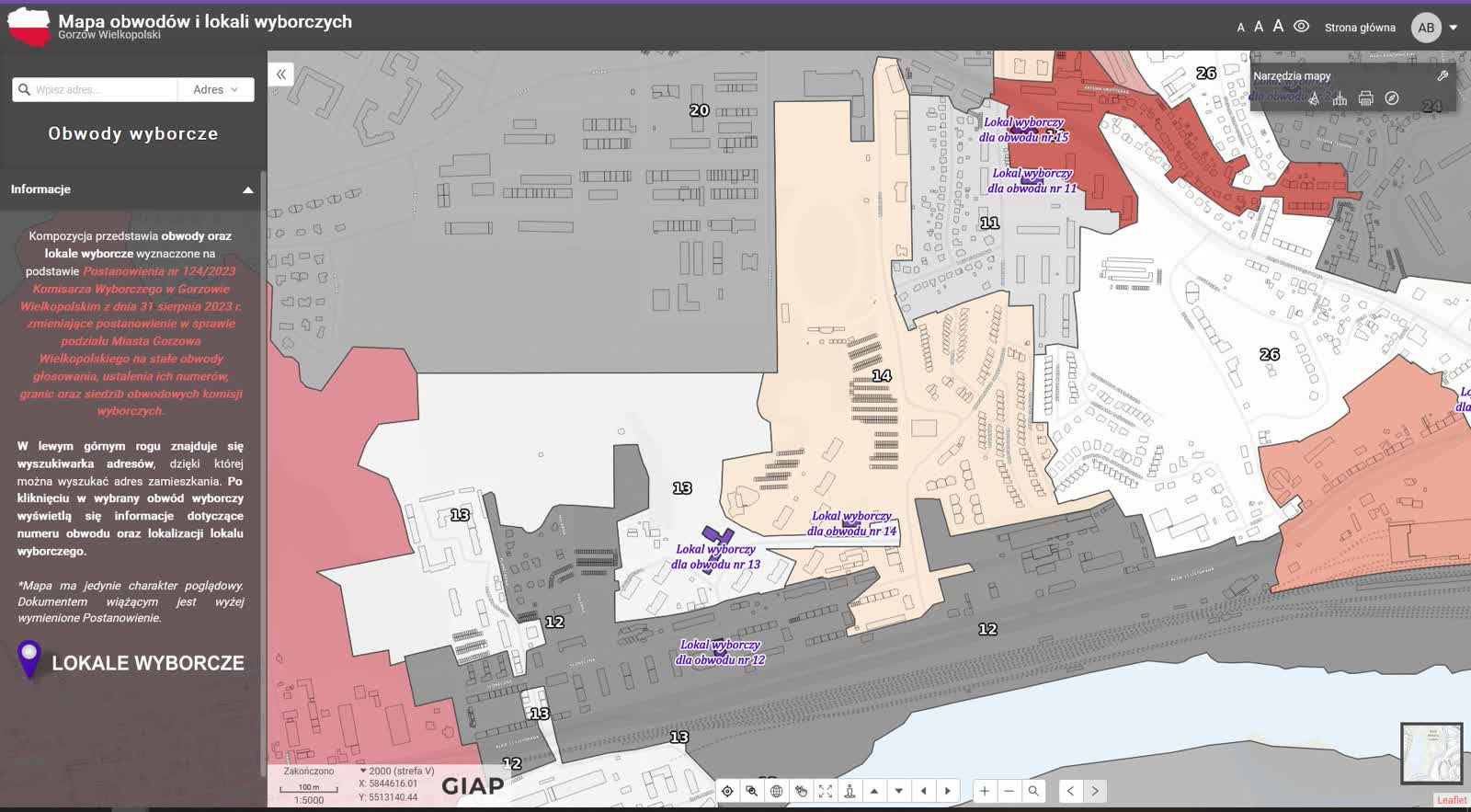 Mapa z oznaczeniem lokali wyborczych na miejskim geoportalu Radio Zachód - Lubuskie