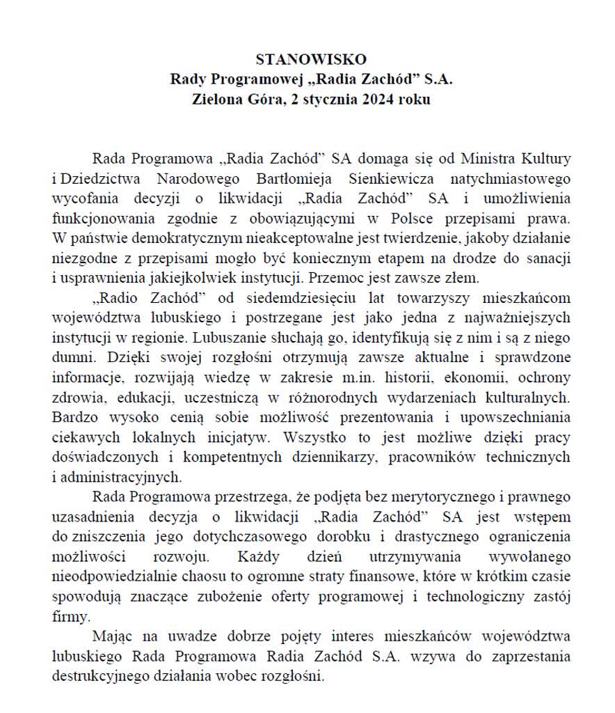 Rada Programowa RZ wzywa Ministra Kultury do wycofania decyzji o likwidacji Radia Zachód 14 stanowisko rada programowa.jpg