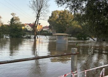 Fala kulminacyjna przechodzi przez Szprotawę. Fot. Krzysztof Bugajny/FB