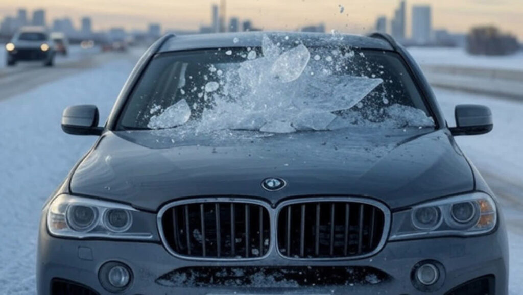 Lód spadł na samochód Fot. KMP Ostrołęka