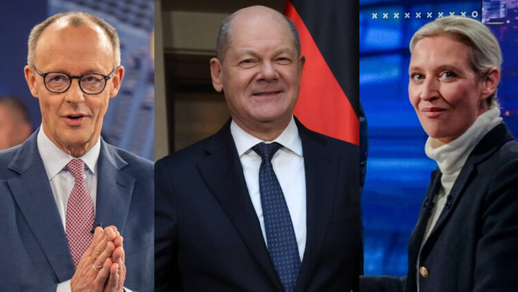 Lider CDU Friedrich Merz ,Kanclerz Niemiec Olaf Scholz, Współprzewodnicząca AFD Alice Weidel Fot. PAP/EPA/MICHAEL KAPPELER/Sean Gallup/KAY NIETFELD/ POOL