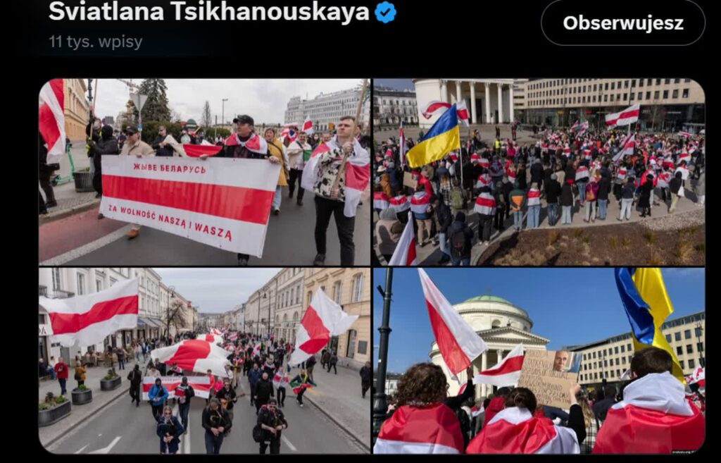 Marsz Białorusinów w Warszawie - relacja Swiatłany Cichanouskiej (x.com/Tsihanouskaya)