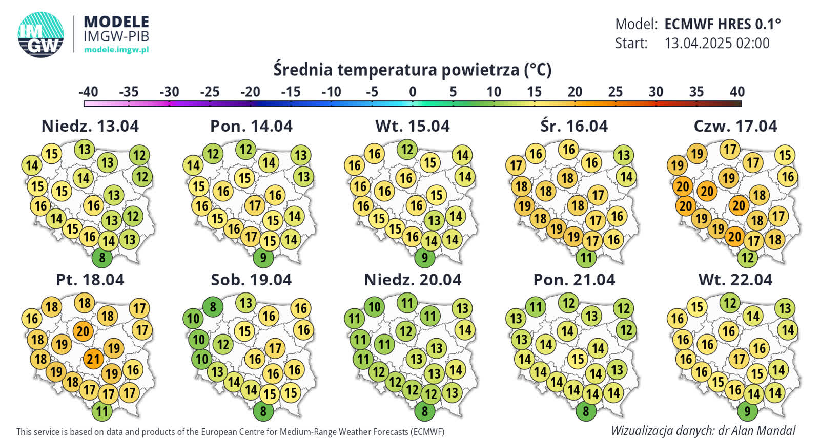 Najbliższe dni ciepłe. Do 23 stopni na początku tygodnia 12 ECMWF_T2_AVE.png