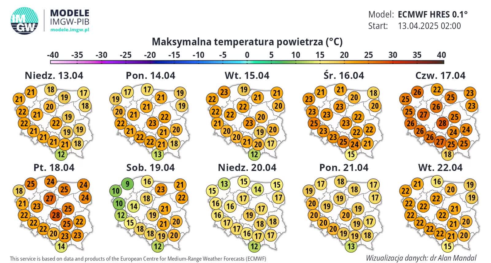 Najbliższe dni ciepłe. Do 23 stopni na początku tygodnia 10 ECMWF_T2_MAX_1744524011.webp