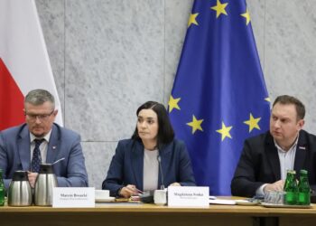 Członkowie komisji: przewodnicząca Magdalena Sroka, wiceprzewodniczący Tomasz Trela i Marcin Bosacki. Fot. PAP/Tomasz Gzell
