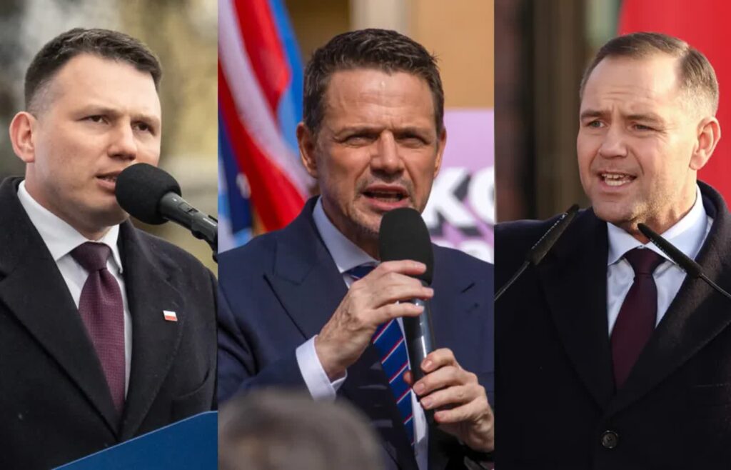 Sławomir Mentzen, Rafał Trzaskowski i Karol Nawrocki. Fot. PAP/Krzysztof Ćwik/Jarek Praszkiewicz/Tytus Żmijewski