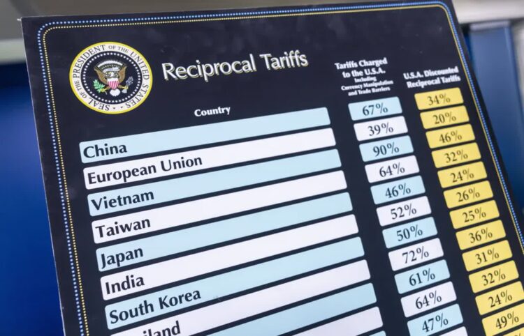 Wykresy przedstawiające amerykańskie cła. Fot. PAP/EPA/SHAWN THEW