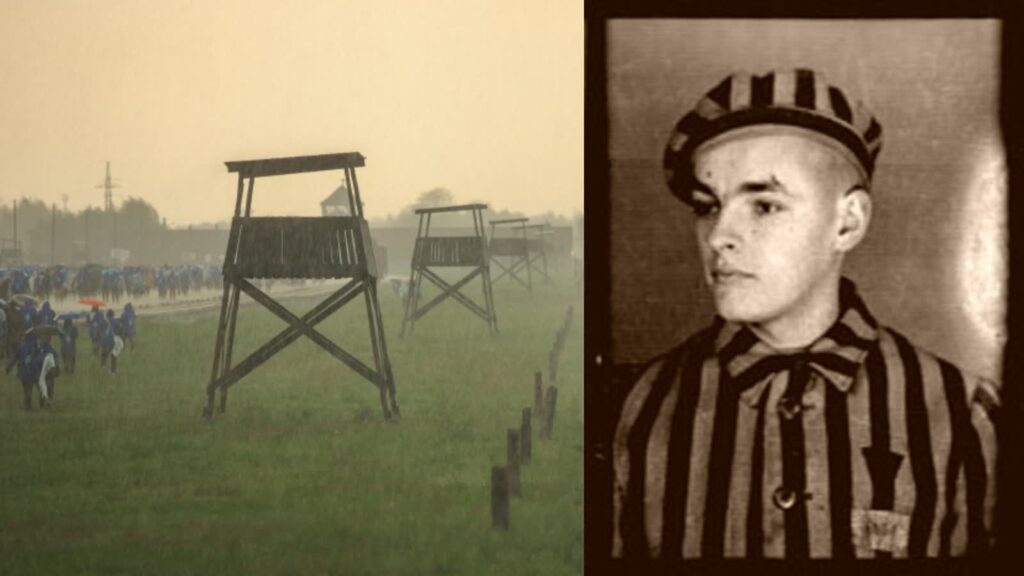 Teren byłego obozu Auschwitz-Birkenau i August Kowalczyk, uciekinier. Fot. PAP/Jarek Praszkiewicz i Instytut Pamięci Narodowej/FB