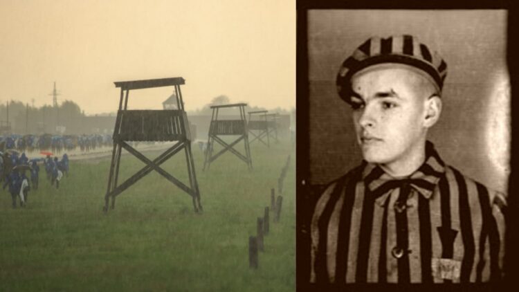 Teren byłego obozu Auschwitz-Birkenau i August Kowalczyk, uciekinier. Fot. PAP/Jarek Praszkiewicz i Instytut Pamięci Narodowej/FB