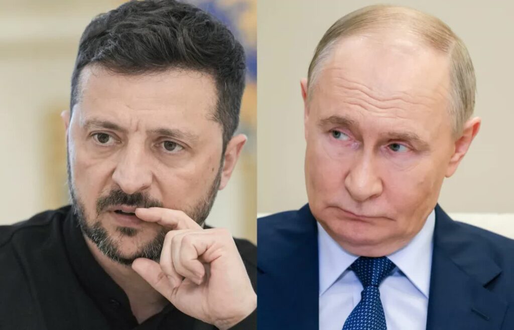 "Rosja prowadzi brudną grę". Kiedy dojdzie do przekazania ciał poległych żołnierzy? 3 Wołodymyr Zełenski i Władimir Putin Fot. PAP/EPA/STRINGER/GAVRIIL GRIGOROV / SPUTNIK / KREMLIN POOL