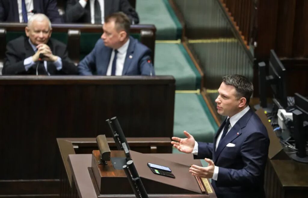 Jarosław Kaczyński, Mariusz Błaszczak, Sławomir Mentzen Fot. PAP/ Tomasz Gzell