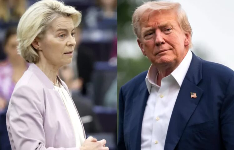 Szefowa KE Ursula von der Leyn i prezydent USA Donald Trump. Fot. PAP/EPA/GUILLAUME HORCAJUELO/BONNIE CASH / POOL