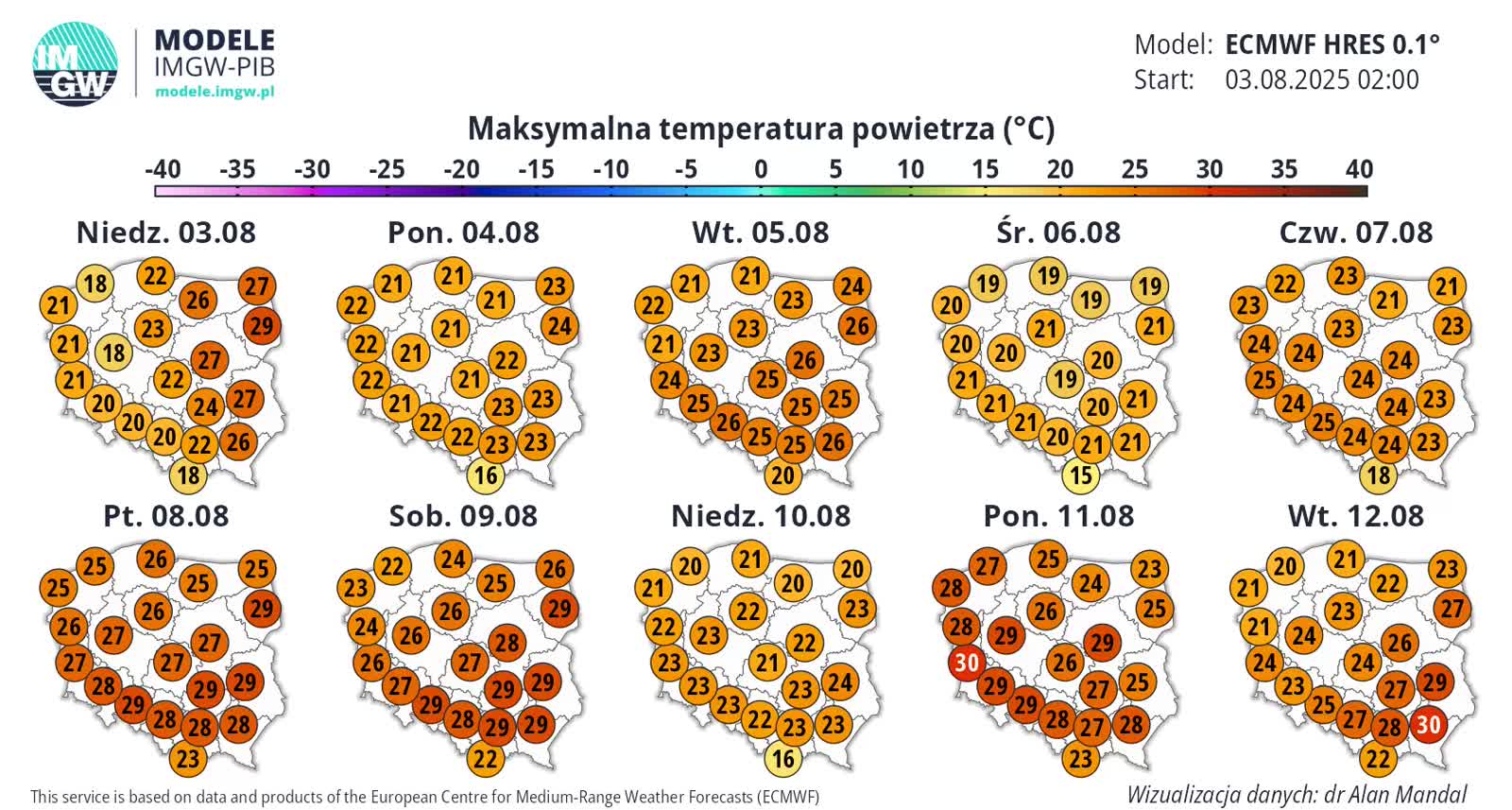 Burze, upał oraz intensywne opady deszczu. Ostrzeżenia IMGW i RCB 13 ECMWF_T2_MAX_1754200825.webp