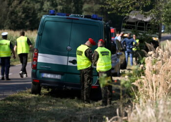 Służby w miejscu znalezienia rosyjskiego drona i szczątków pocisku w miejscowości Wyhalew (PAP/Wojtek Jargiło)