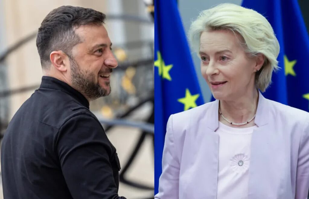 Prezydent Ukrainy Wołodymyr Zełenski i szefowa KE Ursula von der Leyen. Fot. PAP/EPA/OLIVIER HOSLET/CHRISTOPHE PETIT TESSON