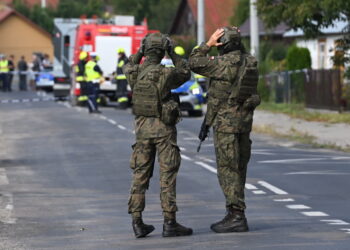 Służby w miejscu uderzenia drona w miejscowości Wyryki (PAP/Wojtek Jargiło)