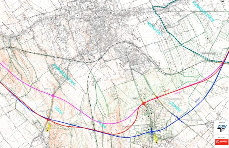 Warianty przebiegu planowanej obwodnicy Kożuchowa (ZDW Zielona Góra)