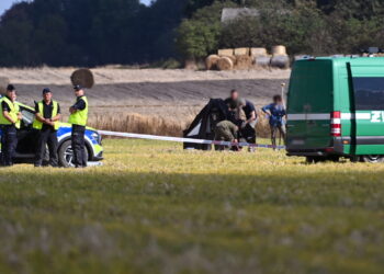Służby w miejscu upadku rosyjskiego drona w miejscowości Wohyń (PAP/Wojtek Jargiło)