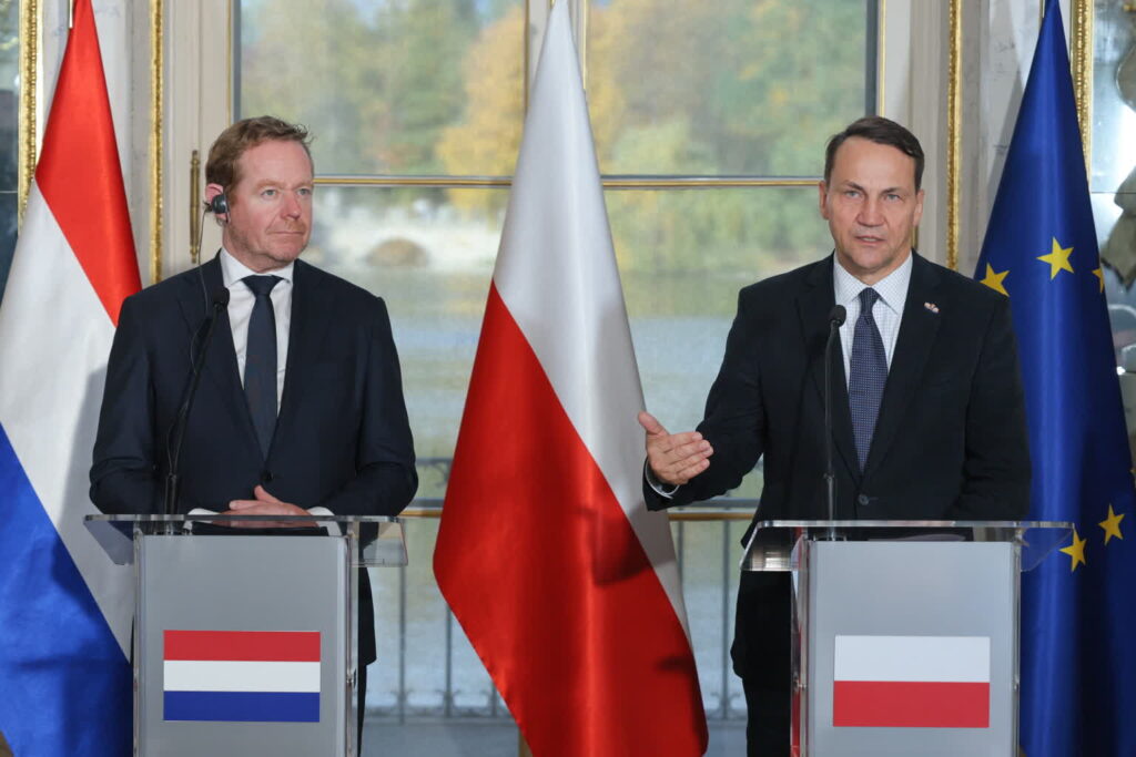 Radosław Sikorski podczas wspólnej konferencji z szefem holenderskiej dyplomacji Davidem van Weelem (PAP/Paweł Supernak)