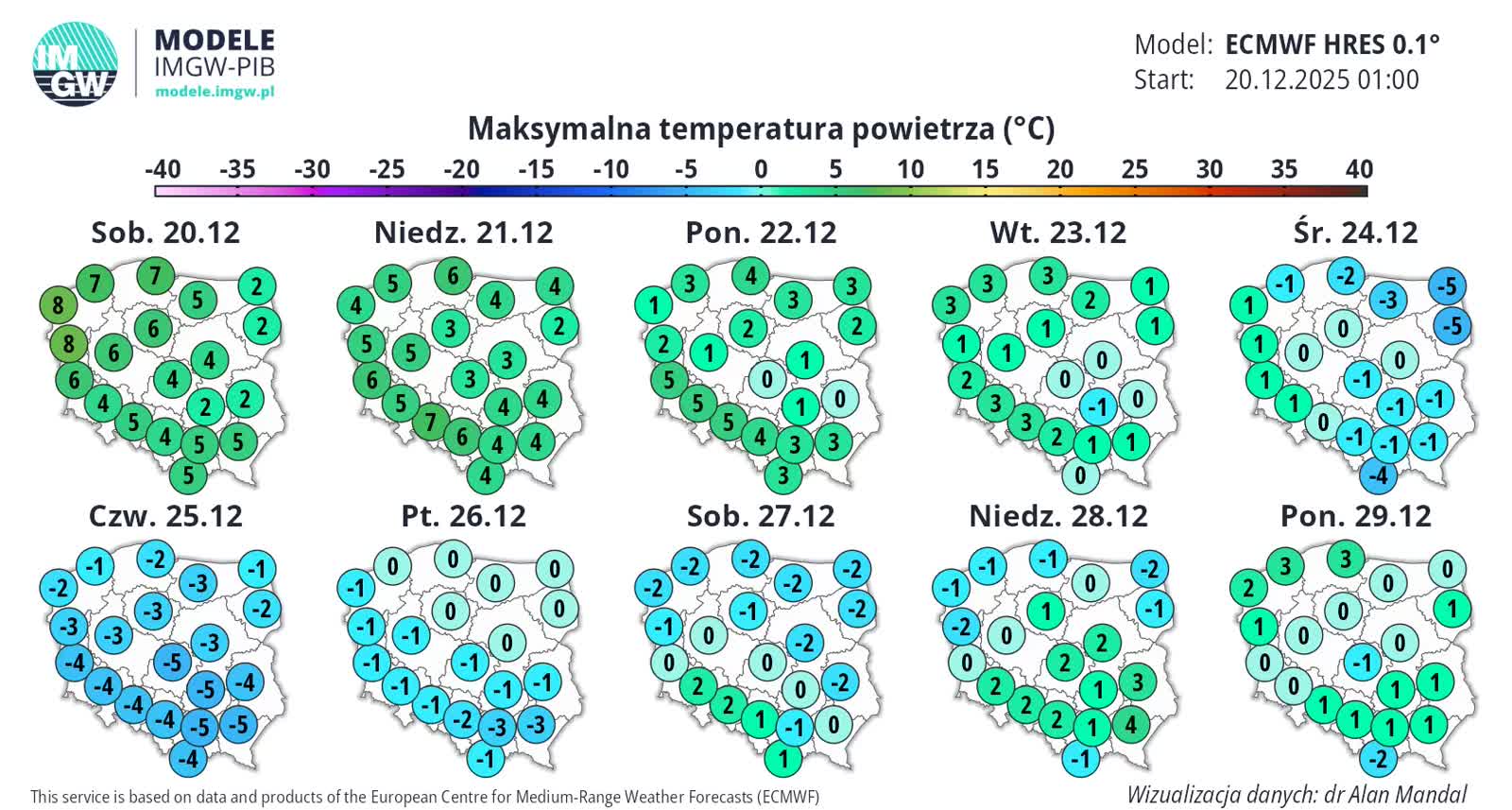 W weekend duże zachmurzenie i gęste mgły 14 ECMWF_T2_MAX_1766210792.webp