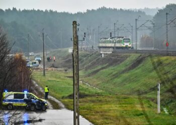 Policja: Interpol poinformował o publikacji czerwonych not dot. podejrzanych o dywersję na rzecz Rosji 10 Działania służb przy zniszczonym fragmencie torowiska na trasie Dęblin-Warszawa przy stacji kolejowej w okolicy miejscowości Mika, fot. PAP/Przemysław Piątkowski