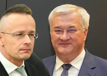 Minister spraw zagranicznych Węgier Peter Szijjarto (L) i szef ukraińskiej dyplomacji Andrii Sybiha (P). Fot. Kolaż zdjęć z Wikipedii