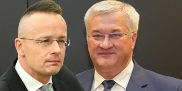 Minister spraw zagranicznych Węgier Peter Szijjarto (L) i szef ukraińskiej dyplomacji Andrii Sybiha (P). Fot. Kolaż zdjęć z Wikipedii