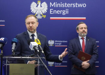 Wiceminister energii Wojciech Wrochna oraz dyrektor Departamentu Energii Jądrowej Paweł Gajda (PAP/Tomasz Gzell)