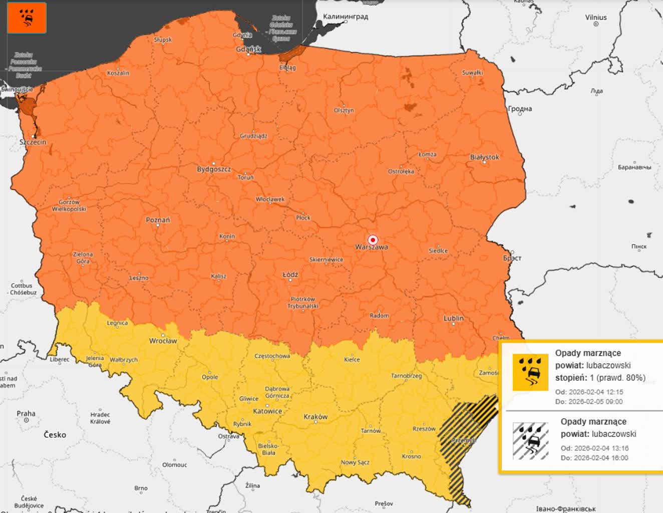 Ostrzeżenia przed gołoledzią dla wszystkich 16 województw