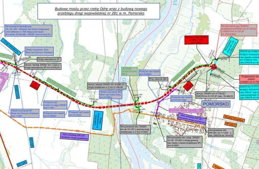 Fragment mapy orientacyjnej dla inwestycji związanej z budową mostu na Odrze w Pomorsku (lubuskie.pl)