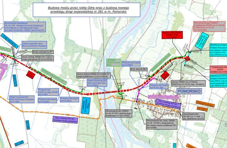 Fragment mapy orientacyjnej dla inwestycji związanej z budową mostu na Odrze w Pomorsku (lubuskie.pl)