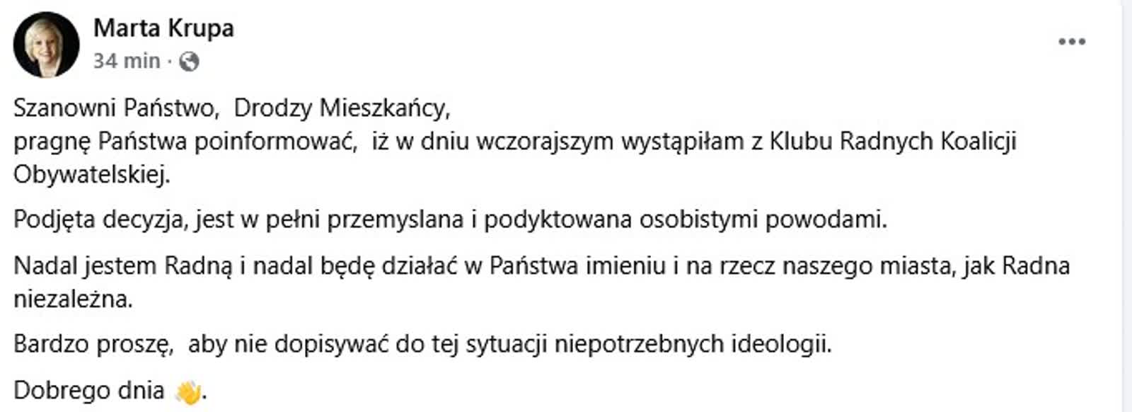 Gorzów. Radna Marta Krupa opuściła klub KO