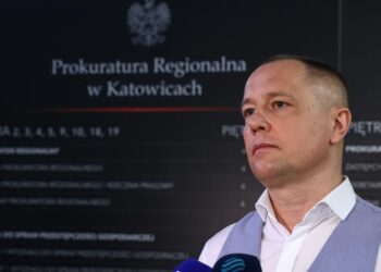 Rzeczniczk Prokuratury Regionalnej w Katowicach Michał Binkiewicz podczas wypowiedzi dla mediów w sprawie kryptowalut. Fot. PAP/Kasia Zaremba