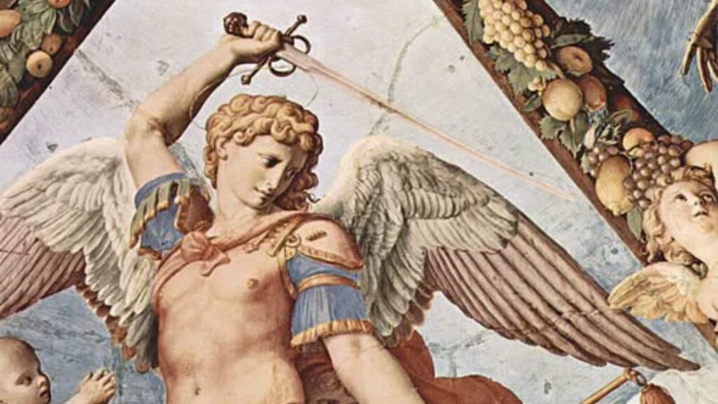 Fresk z Pałacu Medyceuszy, przedstawiający Archanioła Michała strącającego szatana, autorstwa Agnolo Bronzino