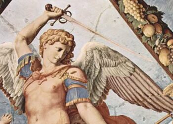 Fresk z Pałacu Medyceuszy, przedstawiający Archanioła Michała strącającego szatana, autorstwa Agnolo Bronzino