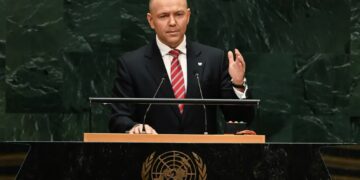 Prezydent Karol Nawrocki podczas debaty generalnej 81. sesji Zgromadzenia Ogólnego ONZ w Nowym Jorku. Fot. PAP/Radek Pietruszka