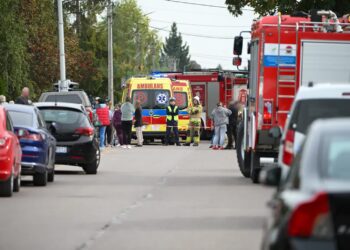 Służby przed szkołą podstawową w Leszczydole-Nowinach. Fot. PAP/Marcin Obara
